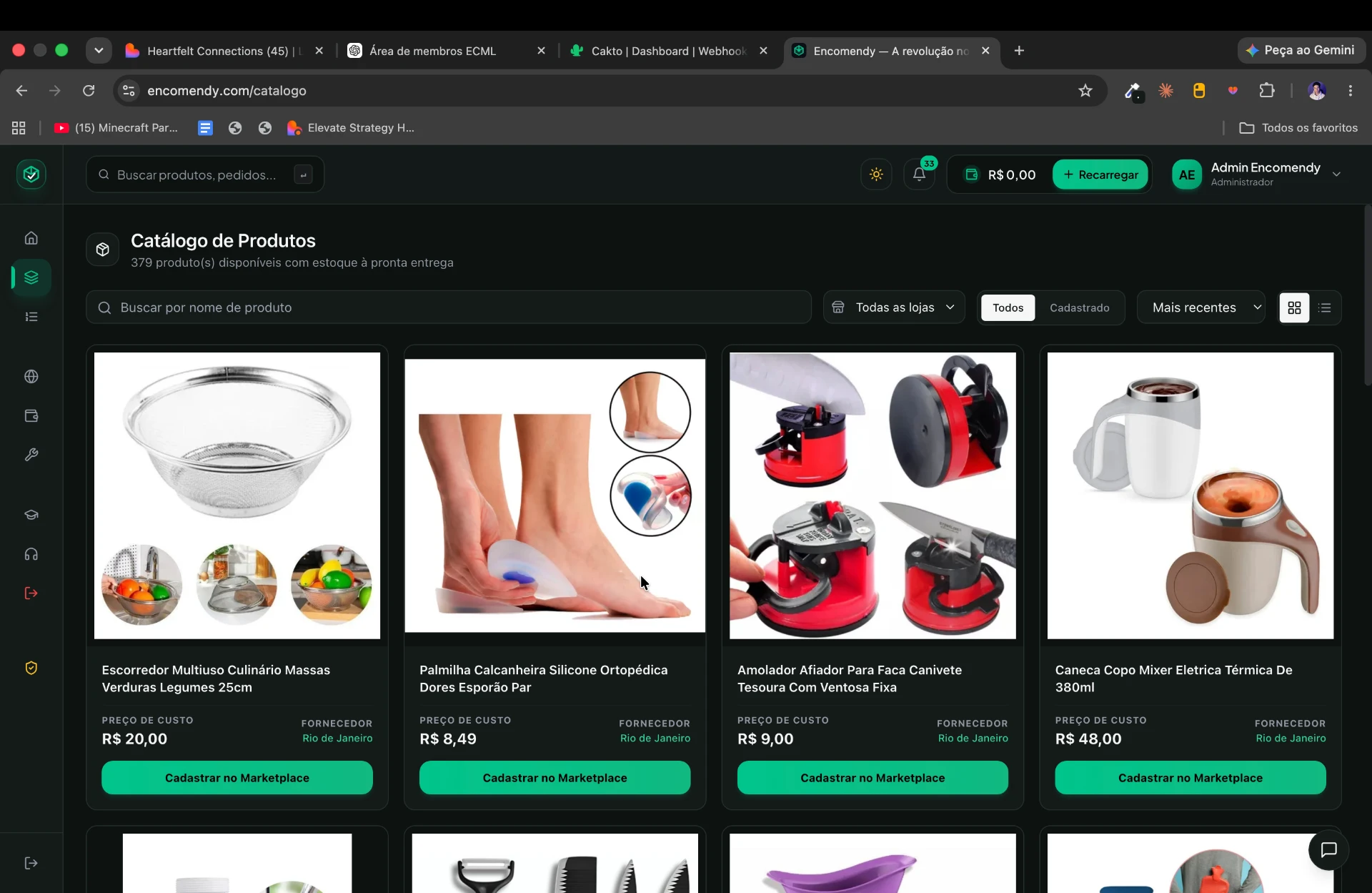 Catálogo de produtos da Encomendy com 379 produtos disponíveis, preço de custo, fornecedor e botão de cadastro no marketplace