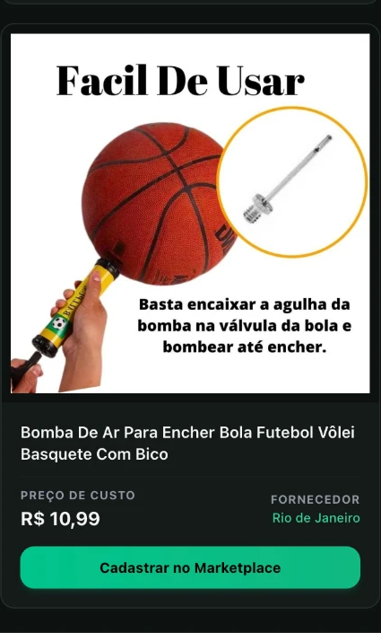 Bomba de ar para encher bola no catálogo da Encomendy, com preço de custo e fornecedor
