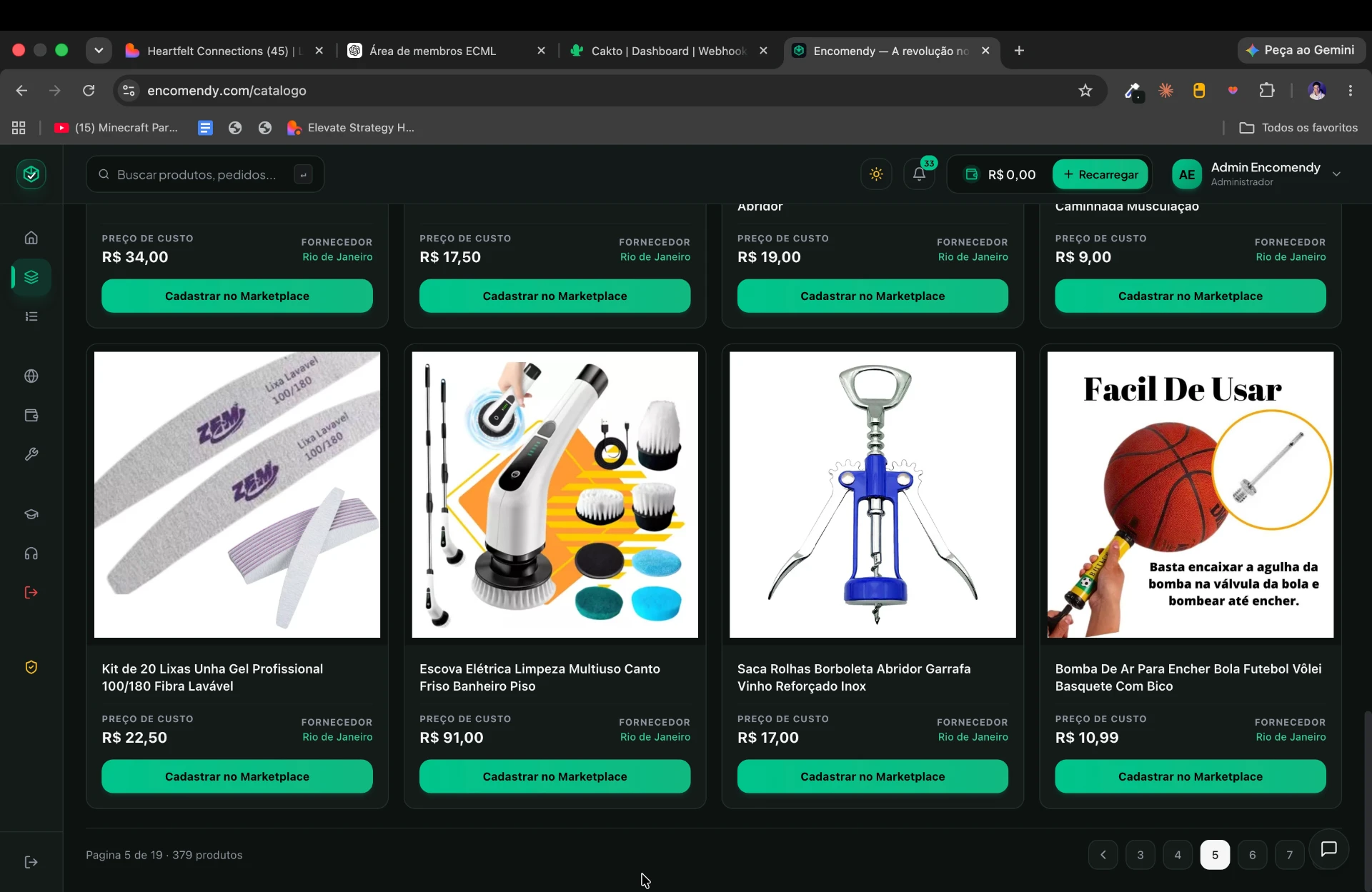Produtos do catálogo da Encomendy com preço de custo, fornecedor e botão de cadastro no marketplace